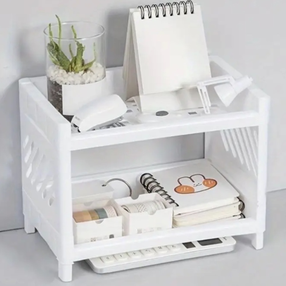 White Plastic Desktop Storage Rack -Multi-Functional Rectangular Organizer Shelf - Picture 2 of 8